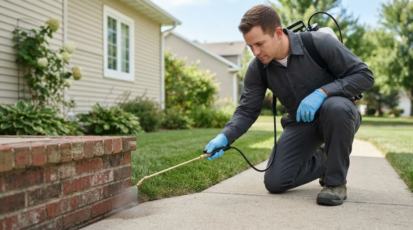 Pest control technician treating a home near Titusville, PA